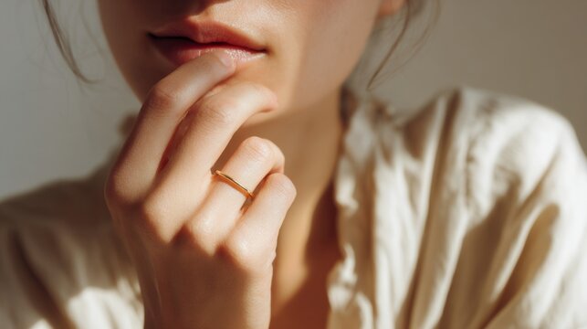 Close up of woman's hand wearing elegant minimalist gold ring with soft sunlight and shadows