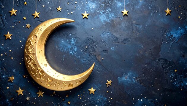 金色の月と星が輝く藍色の背景幻想夜空素材1