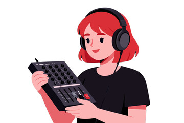 Young woman with headphones holding audio mixer