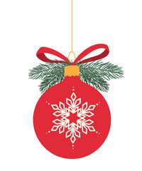 Christmas ornament vector illustration with red bauble, snowflake and ribbon bow. Festive holiday design for greeting card, invitation, tag and decoration.