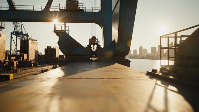 Sunlit industrial bridge over water
