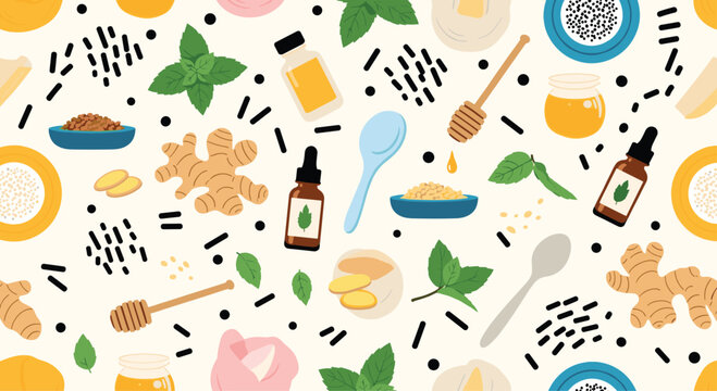Seamless pattern with various natural home remedy ingredients like ginger honey mint and essential oils for alternative medicine.