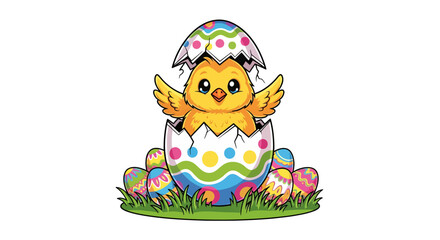 Cute Easter chick hatching from colorful egg in grass