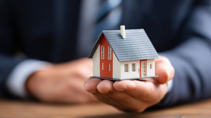 Hand holding small house model over desk