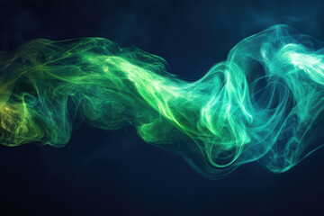 abstract glowing green and turquoise smoke wave flowing on dark blue background