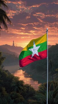 The scene shows a sunset over a river surrounded by hills and trees. The flag of Myanmar is waving in the foreground against the colorful sky.