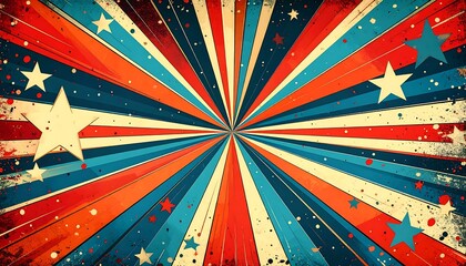 Bursting rays of red, white, & blue with stars, grunge texture, emanating from center point