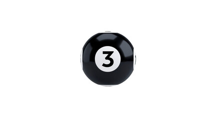 Black billiard ball with number three, isolated on transparency background, glossy surface, classic pool game equipment, minimalistic style, focus on single object, playful mood