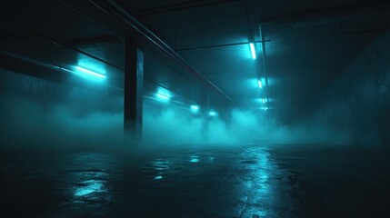 Cinematic dark underground parking garage with thick fog and cyan neon lighting
