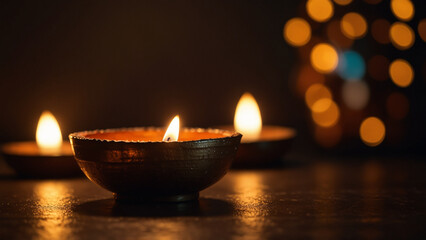 Glowing Diwali Oil Lamps with Warm Bokeh Lights in Dark Background