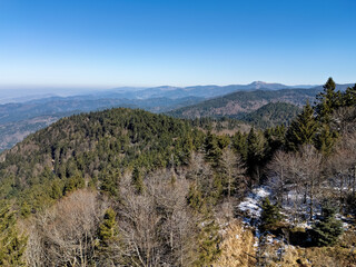 Black Forest with a view from the Blauen mountain near Schliengen in spring, drone photo