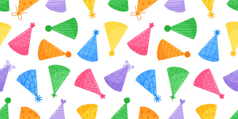 Seamless birthday pattern with colorful party hats in flat hand drawn style. Festive repeat design for kids party decor, wrapping paper, textile and print