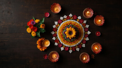 Festive Diwali Rangoli with Lit Diyas and Flowers on Dark Wooden Background