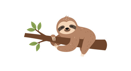 Obraz premium Cute and happy cartoon sloth hanging on a tree branch with a peaceful smile isolated on a white background.