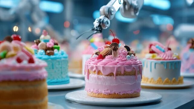 Medium shot of robotic cake decorator executing complex customizable cake designs using advanced programming in a modern confectionery workshop.