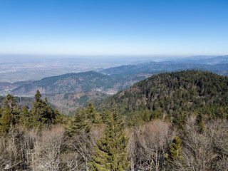Black Forest with a view from the Blauen mountain near Schliengen in spring, drone photo