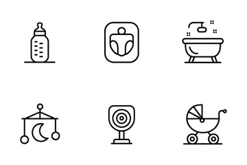Baby care icons set: bottle, diaper, bathtub, mobile, monitor, stroller - line art for nursery