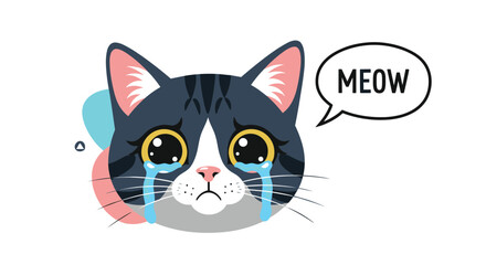 Obraz premium Cute cartoon cat face with big sad eyes crying tears and saying meow in a speech bubble vector illustration.