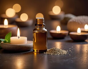 Amber Glass Bottle of Essential Oil Surrounded by Lit Tealight Candles and Mint Leaf on Dark Textured Surface with Soft Bokeh Lights