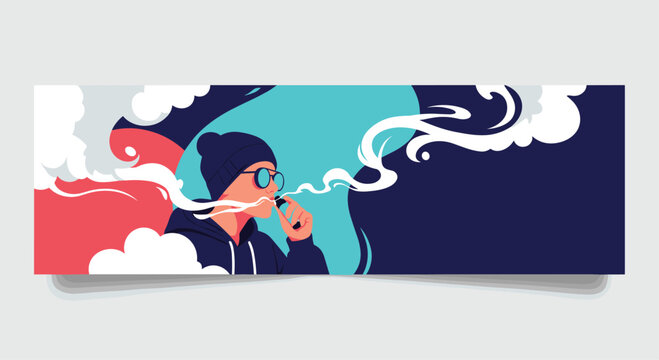 A man in a beanie and glasses vaping and exhaling a large cloud of smoke in a modern flat art style banner.
