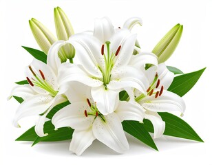 Fototapeta premium Lush white lilies with green leaves, close-up view