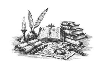 Vintage hand drawn study desk illustration in black and white engraving style, classic books, scrolls, and quill vector artwork for education, literature, and historical design