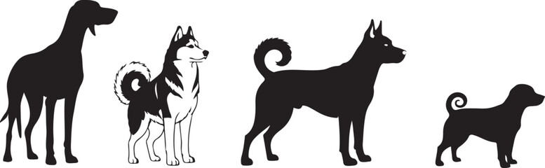 Silhouettes of four different dog breeds standing Keywords: dog, silhouette, breed, great dane