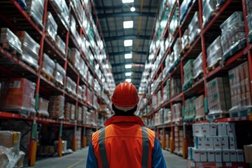 Obraz premium Storage worker wearing safety vest and helmet walking through large warehouse distribution center
