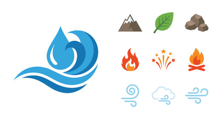 Naklejka premium Flat lay of various weather and element icons on a clean white background with a graphic design style.
