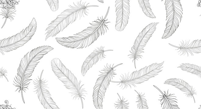 Elegant seamless pattern with light and airy hand-drawn feathers floating delicately on a clean white background design.