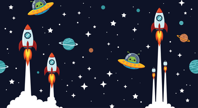 Seamless outer space pattern for kids with cartoon rockets cute green aliens in UFOs planets and stars in the galaxy.