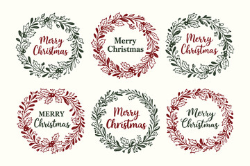 Merry Christmas Hand Lettering Wreath Badge Vector Set in Vintage Engraving Style for Holiday Labels, Stickers, Packaging, and Festive Design