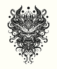 Ornamental Dragon Mask Hand Drawn Vector Illustration in Dark Fantasy Engraving Style for Tattoo, Mythology, and Graphic Design