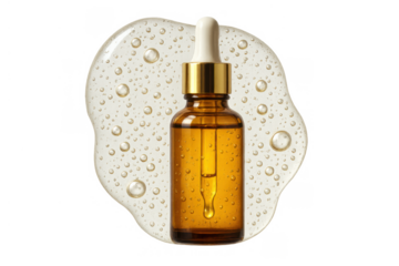 Cosmetic serum golden dropper bottle with liquid splash and air bubbles, beauty product for skincare, transparent background