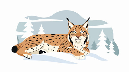 Wild lynx resting in a snowy winter landscape illustration