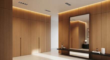 Contemporary interior space featuring warm wood paneling and integrated ambient lighting