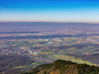 Black Forest with a view from the Blauen mountain near Schliengen in spring, drone photo