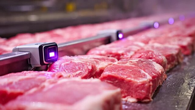 Medium shot of laserguided robotic arms precisely slicing meat in a hightech processing plant highlighting accuracy and speed in automation.