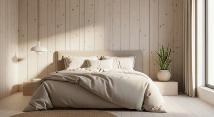 Minimalist bedroom interior features natural wood paneling and soft neutral bedding illuminated by sunlight