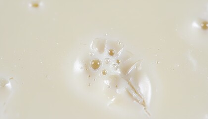 Close Up Macro Shot Of A Single Dried Leaf Floating In A Light Creamy Liquid With Small Bubbles And Speckles Of Light In Soft Natural Lighting