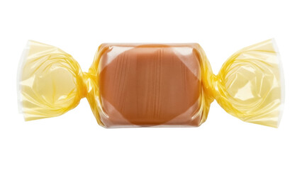 Wrapped caramel candy PNG isolated on transparent background, sweet toffee in yellow wrapper for confectionery and dessert designs