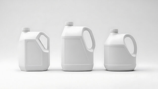 Three white plastic jugs with handles and caps on a plain background containers bottles