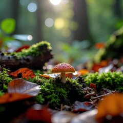 Magical Red Mushroom with White Spots Growing on Mossy Forest Floor in Golden Sunlight