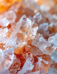 Macro View Of Translucent Quartz Crystals With Glitter In Warm Soft Light