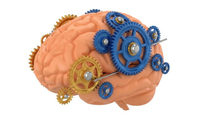Human brain with gears isolated PNG, representing intelligence, cognitive function, and the mechanics of thought on transparent background