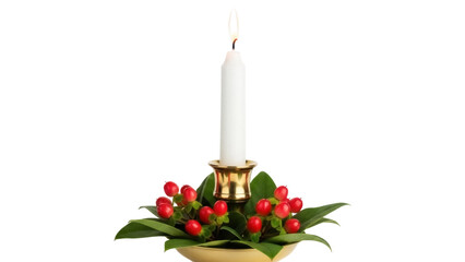 Burning candle in golden holder with red berries isolated PNG, festive holiday decoration on transparent background