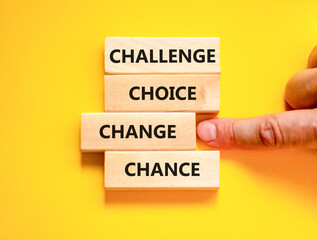 Challenge choice change chance symbol. Concept words Challenge choice change chance on beautiful wooden blocks. Beautiful yellow background. Business Challenge choice change chance concept. Copy space