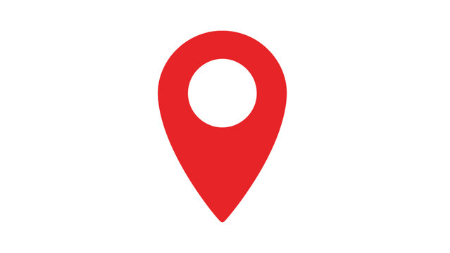 A simple, bold red map marker icon is displayed against a stark white background, symbolizing location or a point of interest.