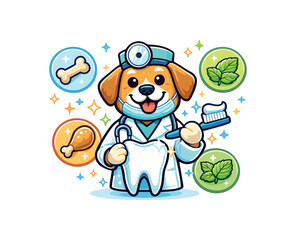 single full color dog dentist icon flat vector illustration three dog toothpaste flavors bone chicken and mint around tooth