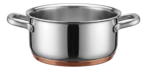 Stainless steel pot with a copper base for quick heat conductivity in home cooking.